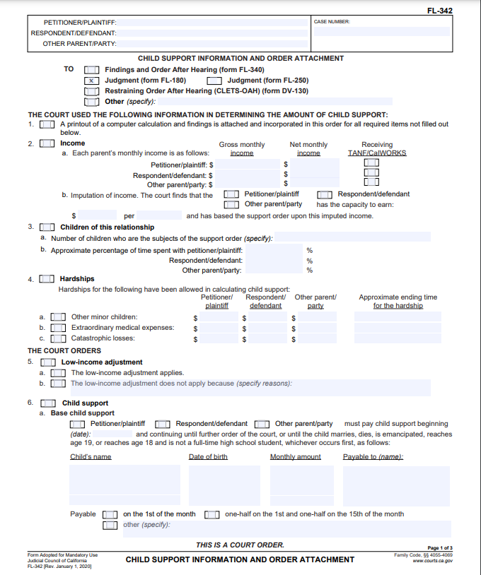FL-342 Child Support Information and Order Attachment Picture